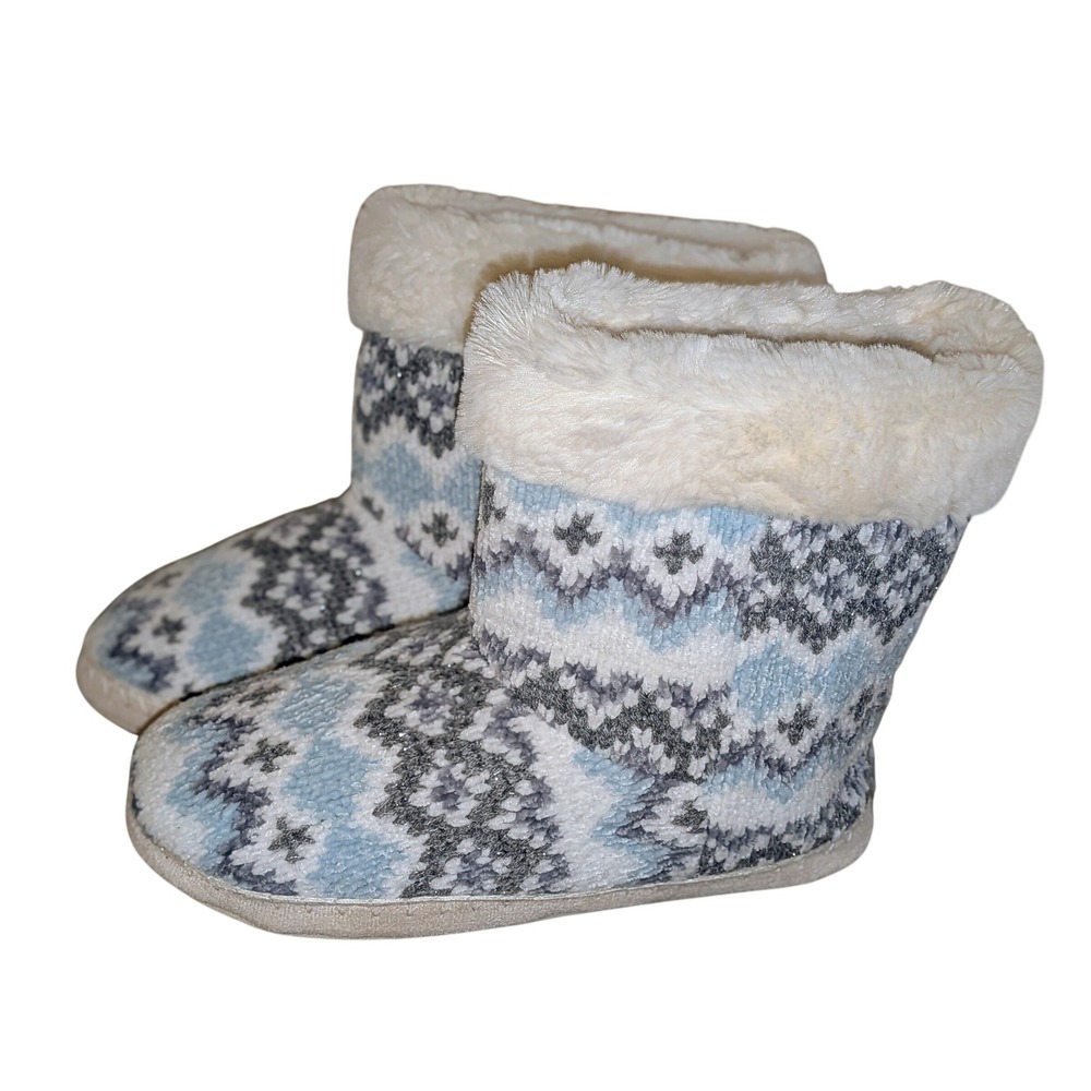 Womens Blue Fair Isle Knit Slipper Boots Faux Fur Trim Size Large 10-11 Cozy NEW